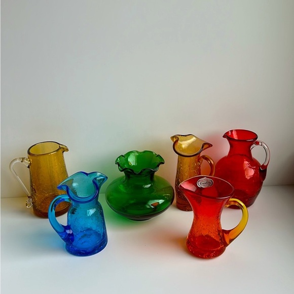 Miniature PAIR of Blown Glass Pitchers Golden Amber Crackle Glass Creamers 4” - Picture 7 of 8